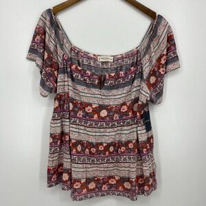 Lucky Brand Top Women's Size 2XL Multicolor Floral Square Neck‎ Puff Sleeve NWT